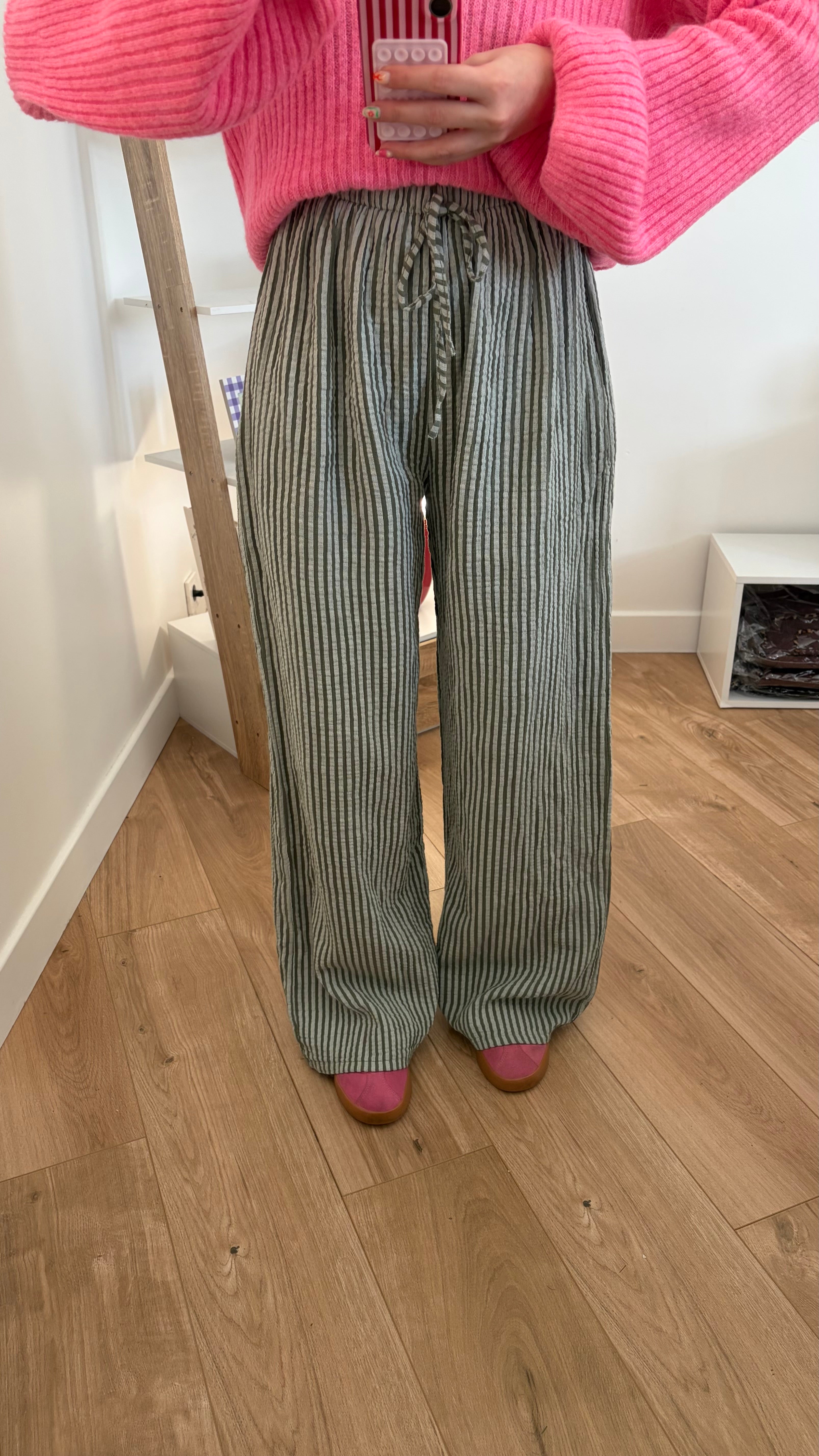 Pantalon rayé vert en gaze de coton Simloé